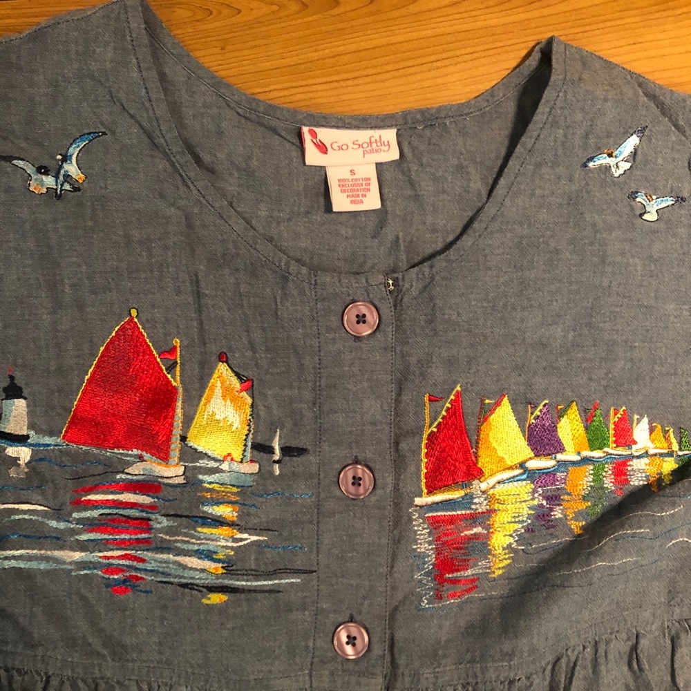 Vintage button-down dress w/ sailboat embroidery